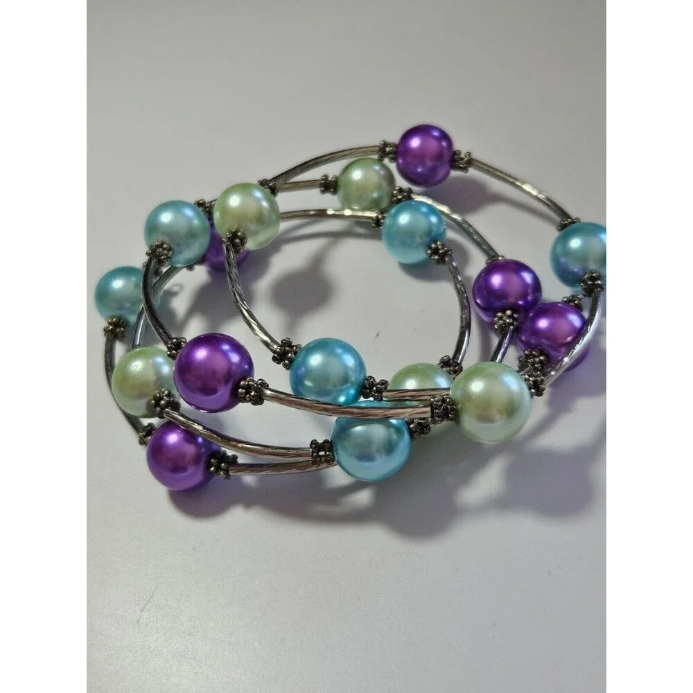 Pastel beaded wrap bracelet silver tone purple blue green